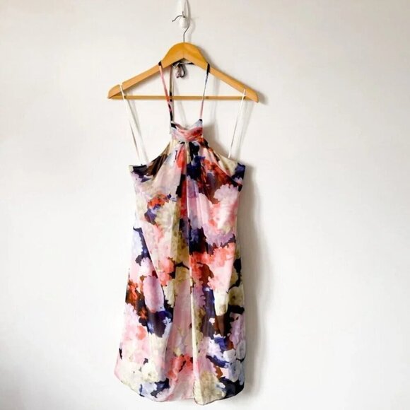 1. State Watercolor Floral Chiffon Halter Dress Sz Medium - Picture 4 of 11
